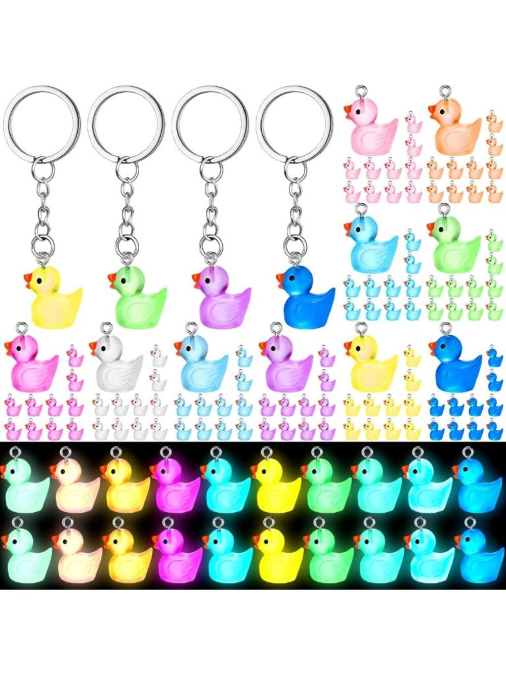 Luminous Mini Duck Keychain Set - 100 Pcs 3D Glow in the Dark Resin Charm